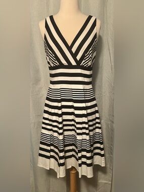 White House Black Market Black & White Striped V-Neck Midi Dress